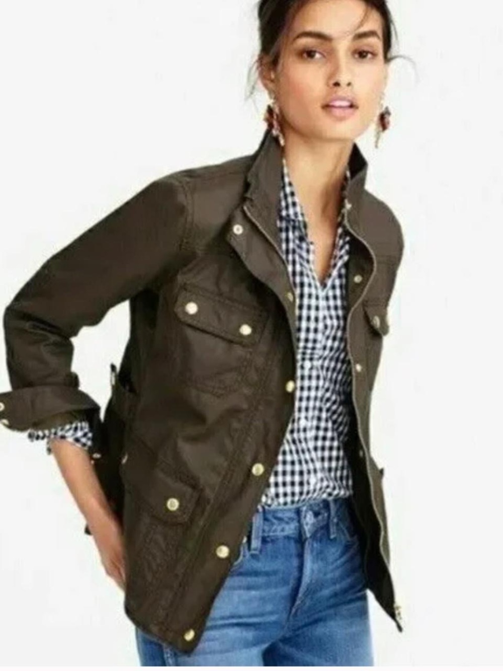 J. Crew Women's Dark Brown Waxed Cotton Field Jacket with Gold Hardware